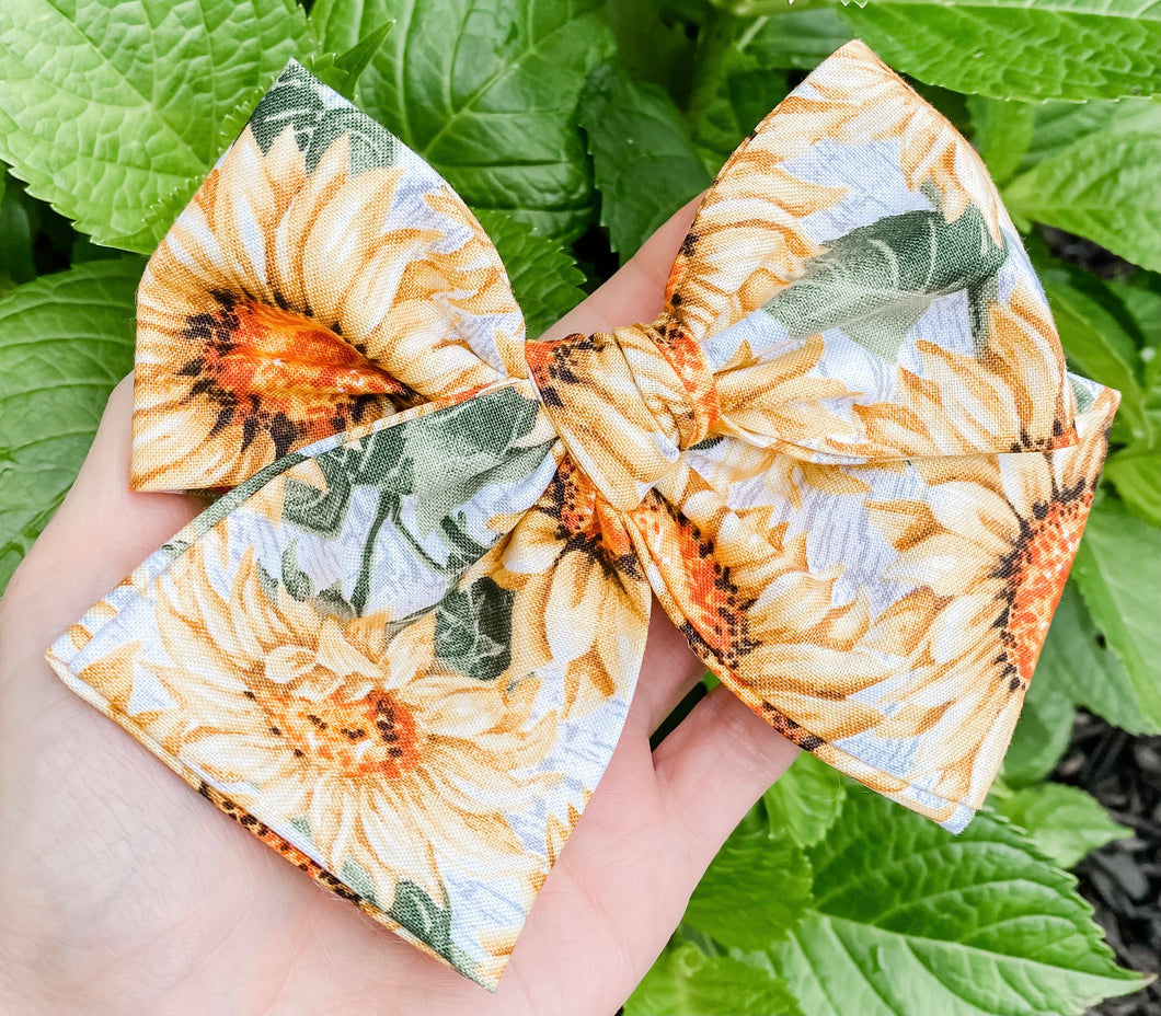 Fall Sunflower Hand Tied Fabric Bow Headband | Hair Clip