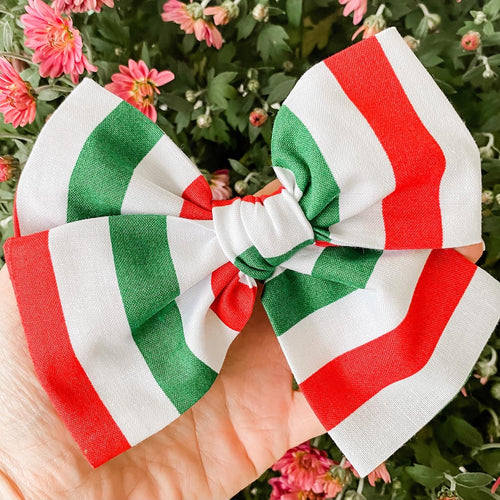 Christmas Stripe Hand Tied Fabric Bow Headband | Hair Clip