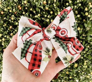 Christmas Buffalo Plaid Truck & Camper Hand Tied Fabric Bow Headband | Hair Clip