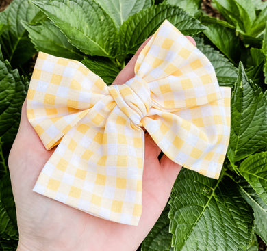 Yellow Gingham Hand Tied 4” Fabric Bow Headband | Hair Clip