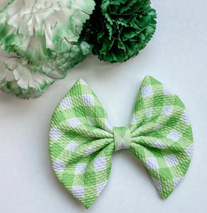 St. Patrick’s Day Green Gingham Liverpool Fabric Bow Headband | Hair Clip