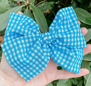 Turquoise Blue Gingham Hand Tied Fabric Bow Headband | Hair Clip