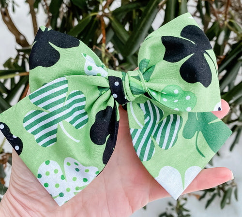 St Patrick’s Day Patterned Shamrock Fabric Hand Tied Bow Headband | Hair Clip