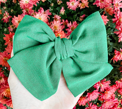Green Linen Fabric Hand Tied Bow Headband | Hair Clip