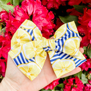 Lemon Striped Hand Tied Fabric Bow Headband | Hair Clip