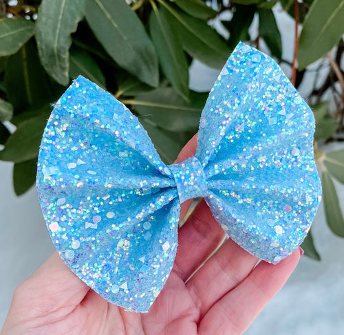 Snow Cone Ice Blue Chunky Glitter Bow Headband | Hair Clip