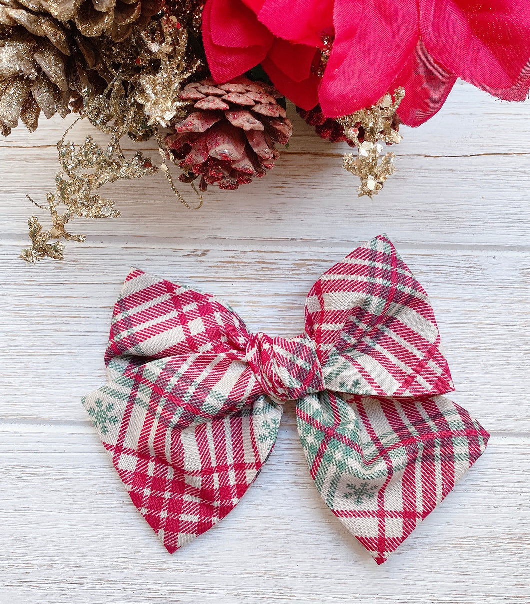 Christmas Green Snowflake Plaid Hand Tied Fabric Bow Headband