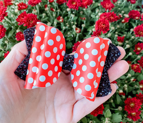 Red White Polka Dot Faux Leather Bow Headband | Hair Clip