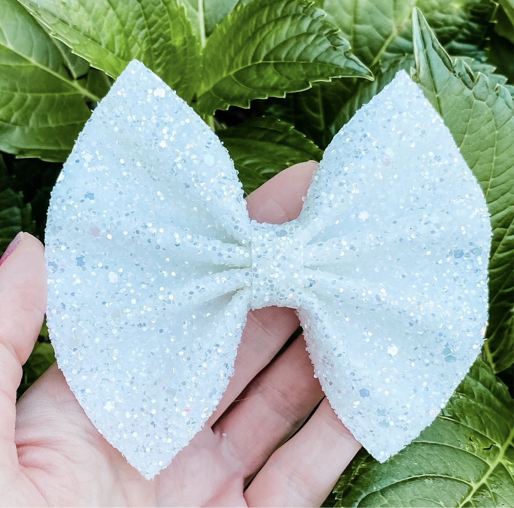 Frosted White Glitter Bow Headband | Hair Clip