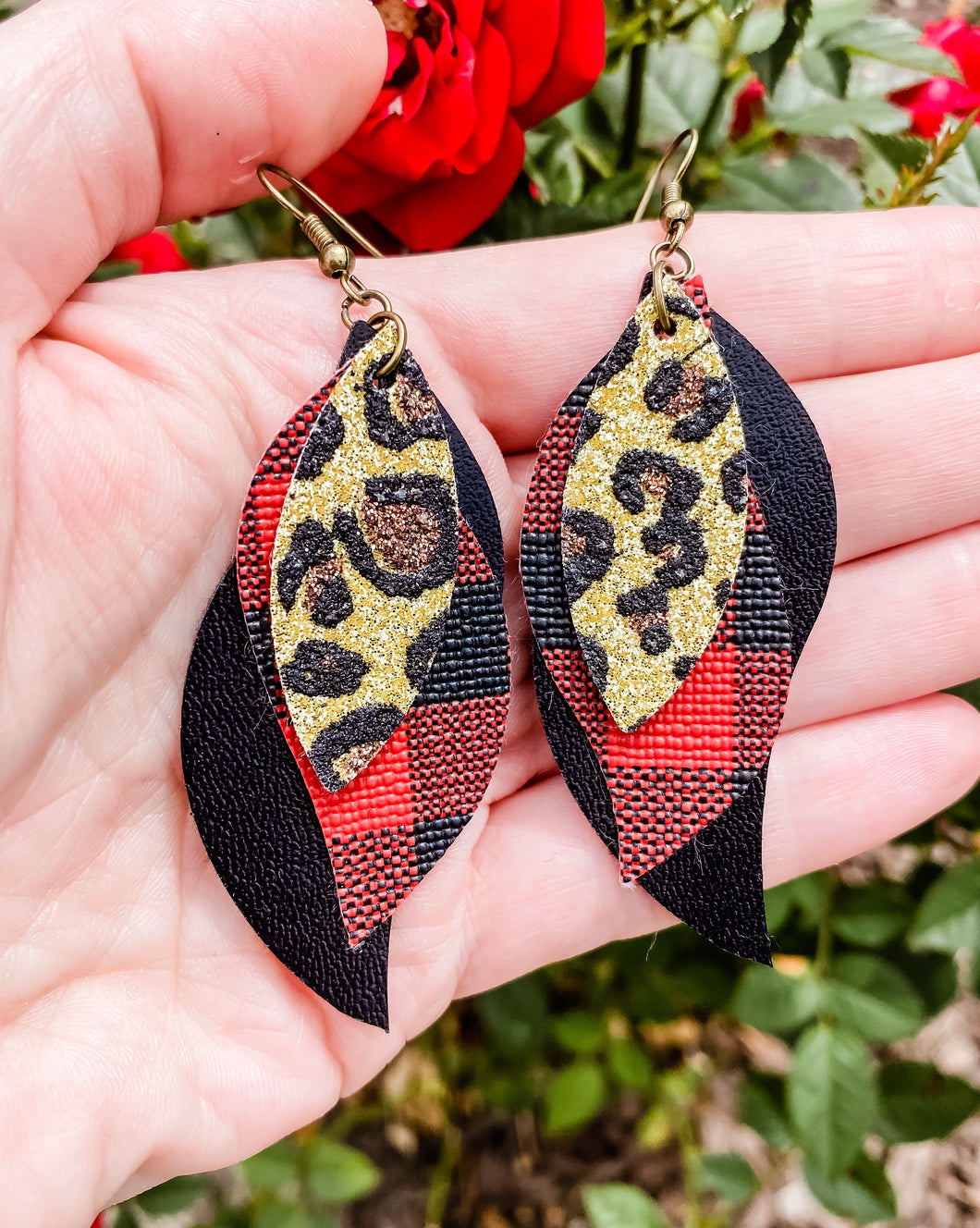 Buffalo Plaid Leopard Glitter Faux Leather Earrings