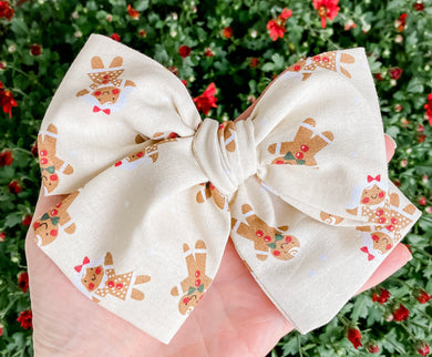 Christmas Gingerbread Hand Tied Fabric Bow Headband | Hair Clip