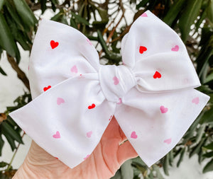 White Heart Toss Hand Tied Fabric Bow Headband | Hair Clip