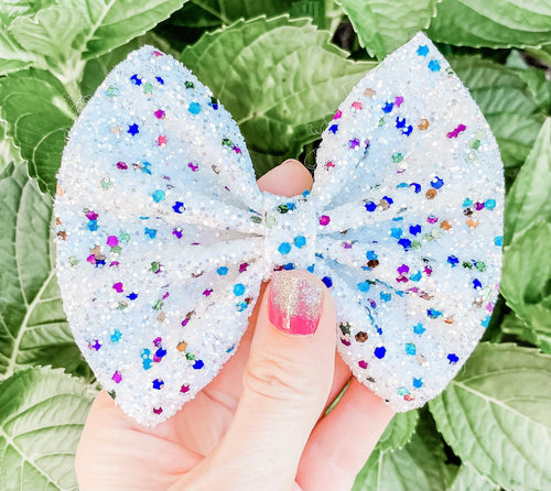 White Blizzard Bliss Glitter Bow Headband | Hair Clip