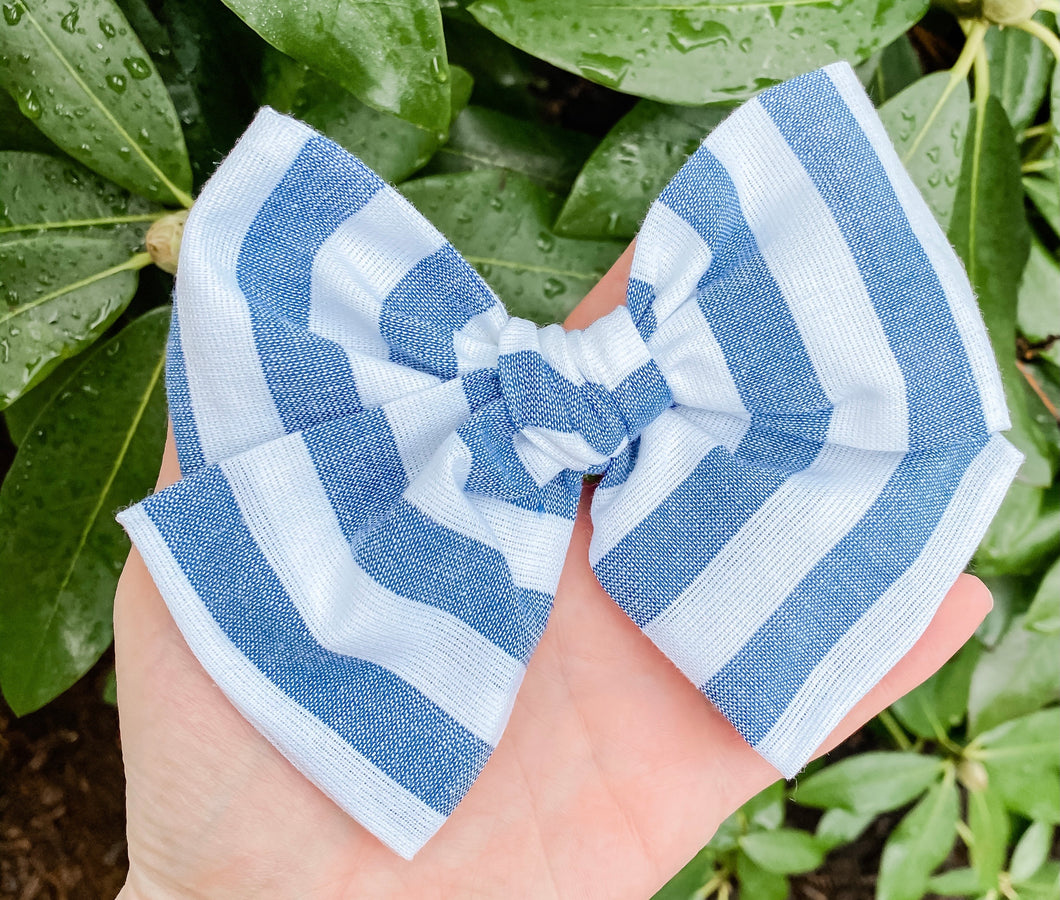Denim Blue & White Stripe Hand Tied Fabric Bow Headband | Hair Clip