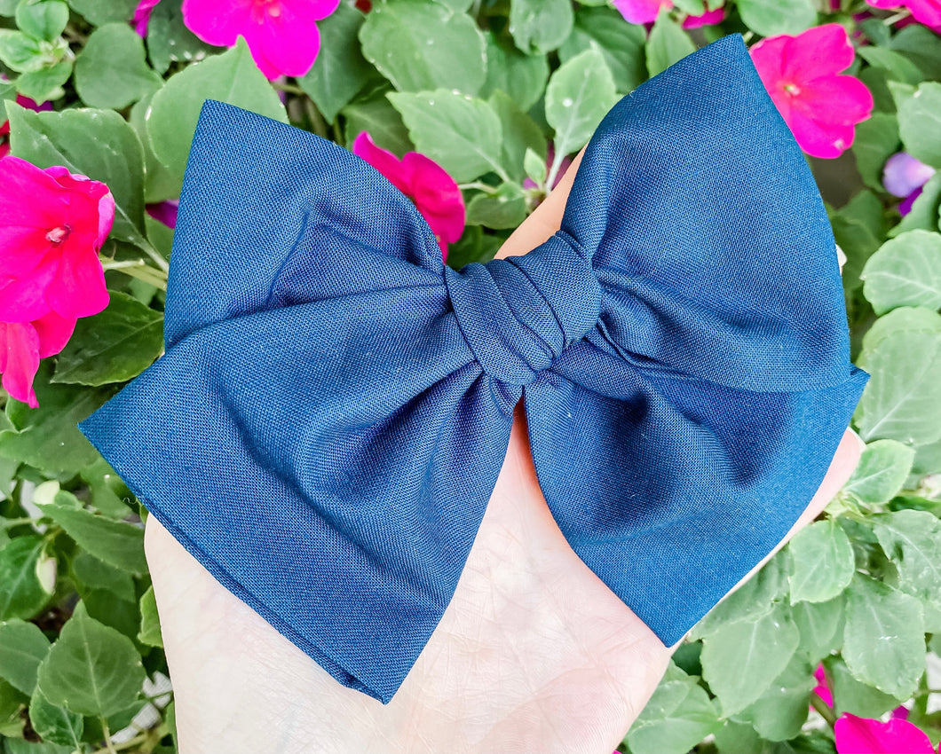 Navy Fabric Hand Tied Bow Headband | Hair Clip