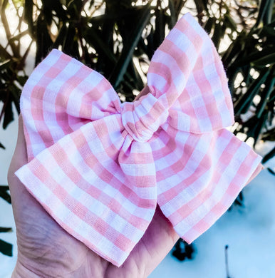 Coral Gingham Fabric Hand Tied Bow Headband | Hair Clip