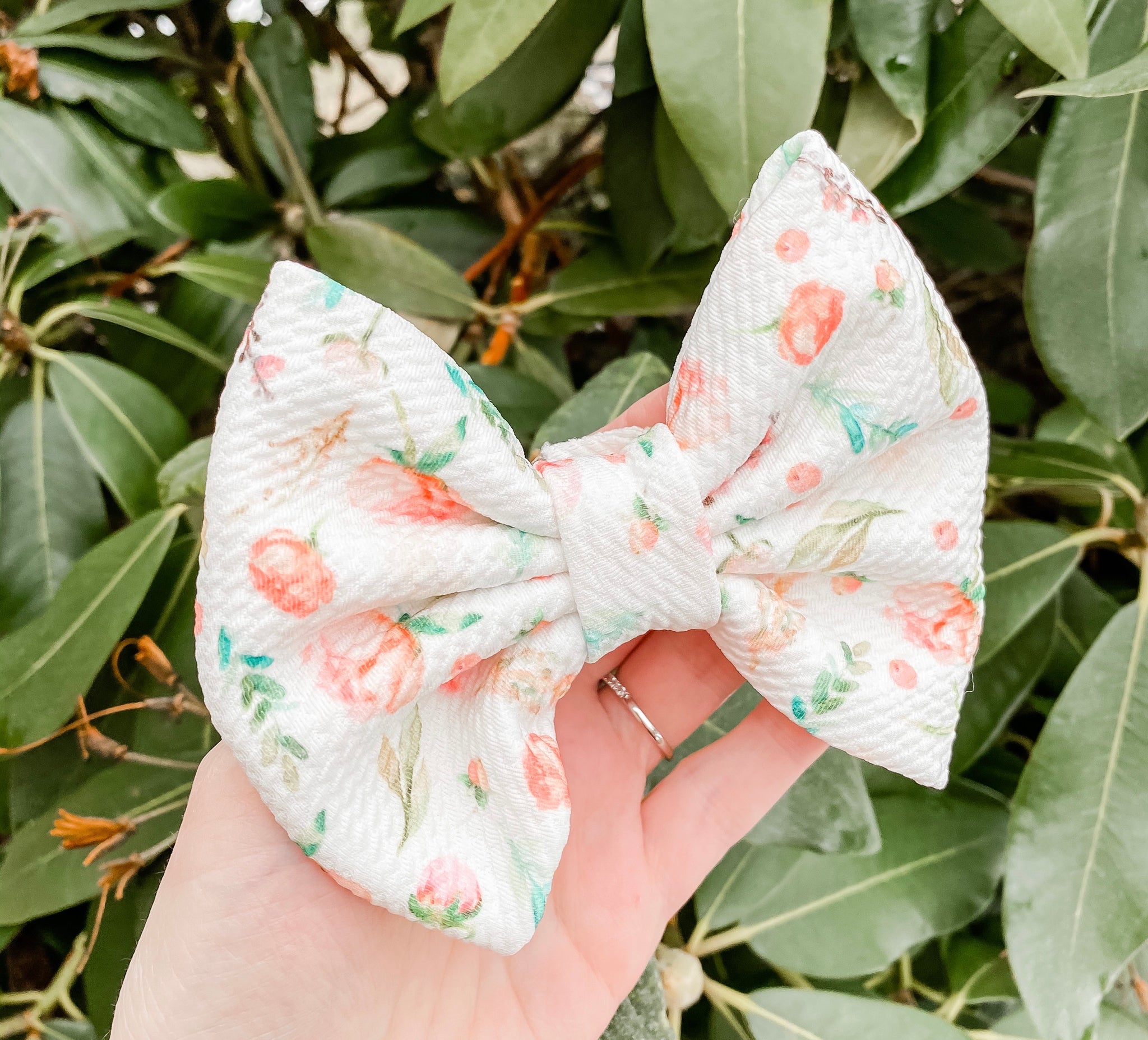 Coral Peachy Flower Green Leaf Lace Big Hair Bow With Long Ribbon