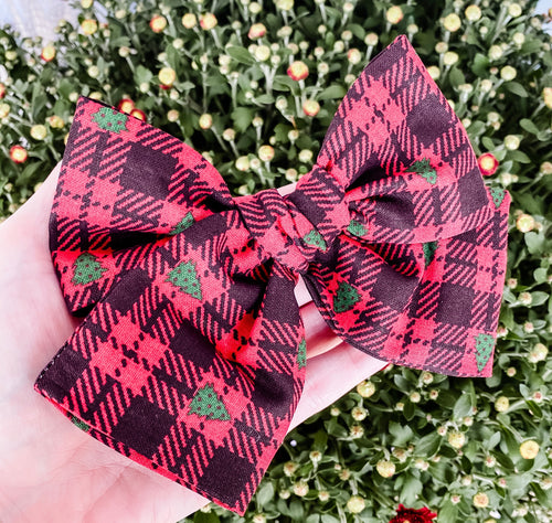 Christmas Buffalo Plaid Tree Hand Tied Fabric Bow Headband | Hair Clip