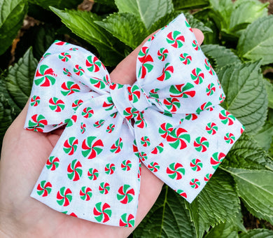 Christmas Peppermint Candy Fabric Hand Tied Bow Headband | Hair Clip