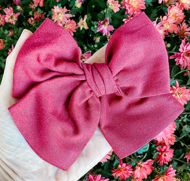 Wine Linen Fabric Hand Tied Bow Headband | Hair Clip