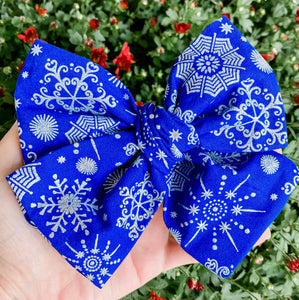 Christmas Blue Snowflake Hand Tied Fabric Bow Headband | Hair Clip