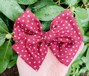 Burgundy Red Star Hand Tied Fabric Bow Headband | Hair Clip