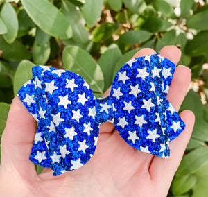Blue White Star Patriotic Glitter Bow Headband | Hair Clip
