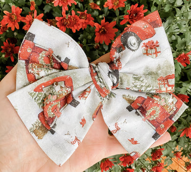 Christmas Santa Truck Fabric Hand Tied Bow Headband | Hair Clip