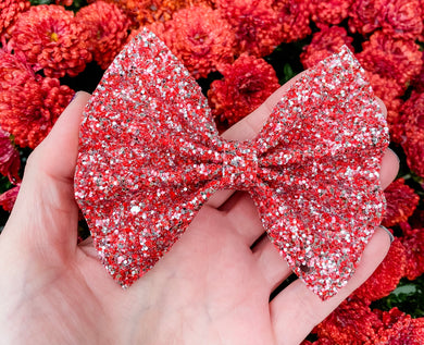Christmas Red Silver Chunky Glitter Girls Hair Bow Headband | Hair Clip