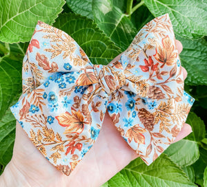 Floral & Leaves Hand Tied Fabric Bow Headband | Hair Clip