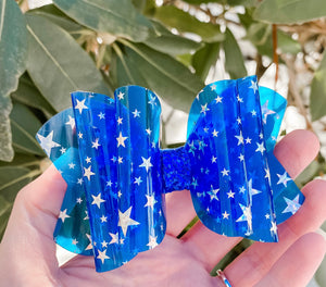 Patriotic Blue Star Transparent Pool Glitter Bow Headband | Hair Clip
