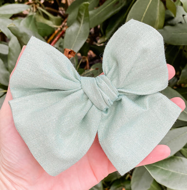 Mint Green Shimmer Fabric Hand Tied Bow Headband | Hair Clip
