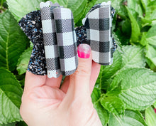 Scalloped White & Black Buffalo Plaid  Faux Leather Glitter Bow Headband | Hair Clip