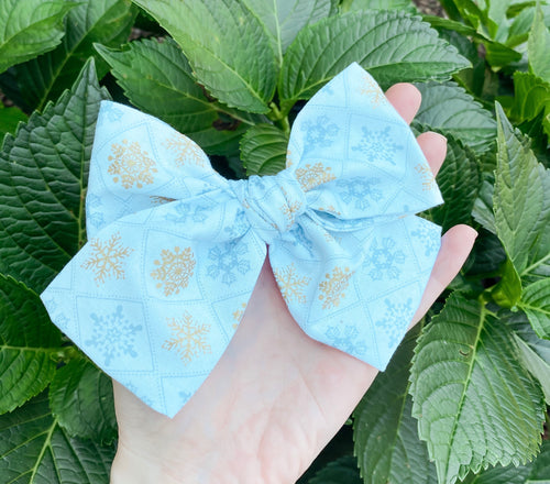 Christmas Winter Snowflake Hand Tied Fabric Bow Headband | Hair Clip