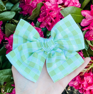 Green Gingham Hand Tied Fabric Bow Headband | Hair Clip