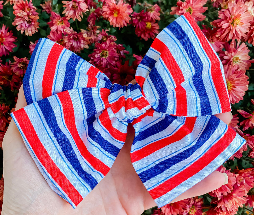 Patriotic Stripe Hand Tied Fabric Bow Headband | Hair Clip