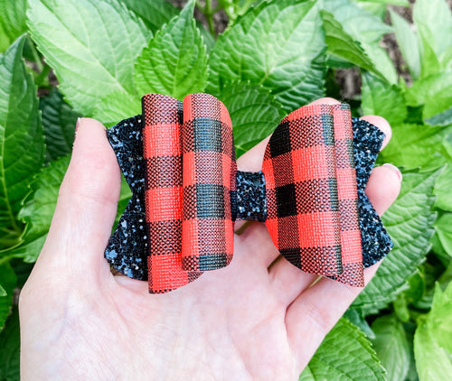 Christmas Lumberjack Blitz Buffalo Plaid Faux Leather Glitter Bow Headband | Hair Clip