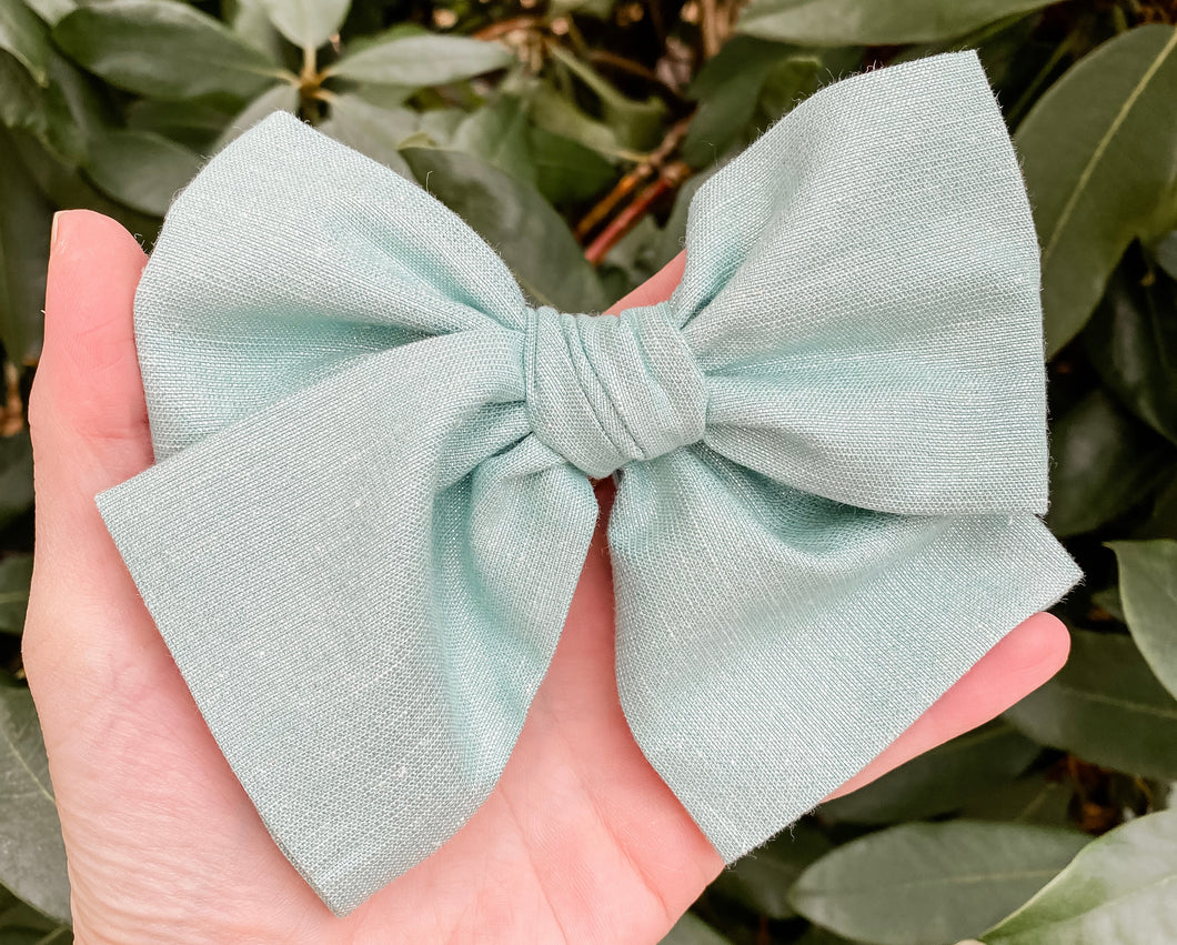 Sea Green Shimmer Fabric Hand Tied Bow Headband | Hair Clip