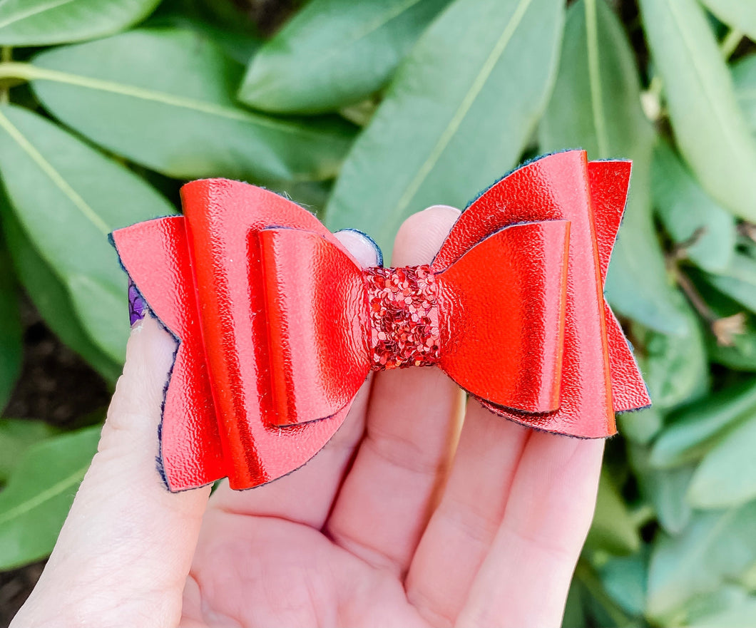 Newborn Mini Stacked Red Faux Leather Bow Headband | Hair Clip