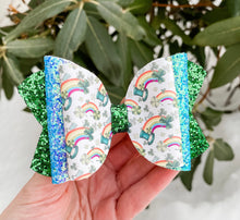 St Patrick’s Day Rainbow Pot of Gold Faux Leather Glitter Bow Headband | Hair Clip