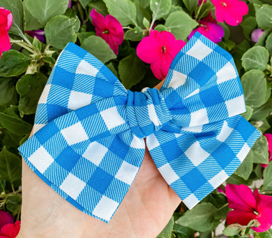 Blue Gingham Hand Tied Fabric Bow Headband | Hair Clip