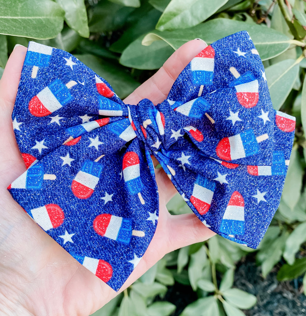 USA Patriotic Popsicles Star Fabric Hand Tied Bow Headband | Hair Clip