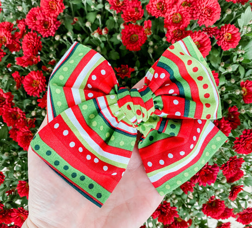 Christmas Striped Hand Tied Fabric Bow Headband | Hair Clip