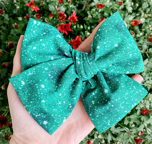 Christmas Green Shimmer Hand Tied Fabric Bow Headband | Hair Clip