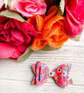 Newborn Mini Stacked Red Floral Faux Leather Bow Headband | Hair Clip